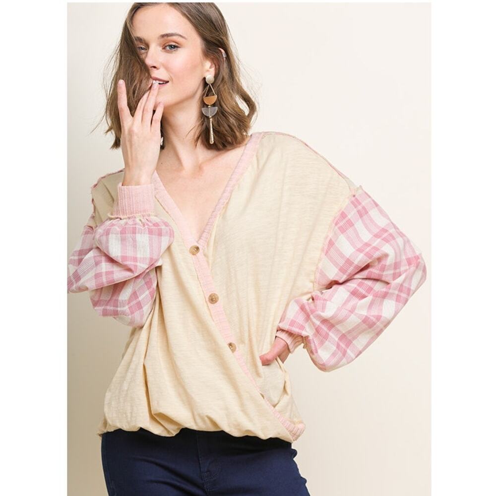 UMGEE Heathered Plaid Puff Long Sleeve Top Surplice Faux Buttons Blouse Size S